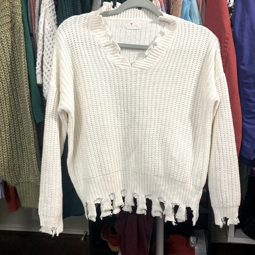 Poof Apparel off-White Cut Out Knit sweater with fringe